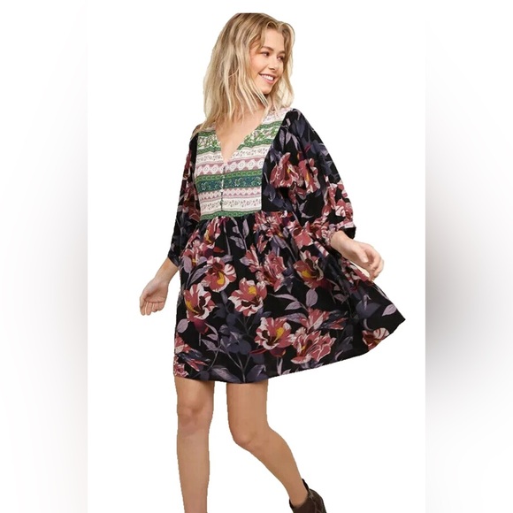 2/$30 Umgee Floral Babydoll Tunic Dress Western Peasant Boho Cottagecore Sz LG - Picture 1 of 12